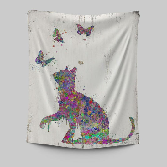 Cat With Butterflies Tapestry Wall Art - Decoration For Bedroom, Bathroom, Childrens, Girls, Baby Kids Room Or Nursery
