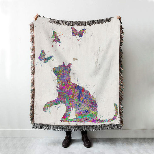 Cat With Butterflies Woven Throw Blanket - Decoration For Bedroom, Bathroom, Childrens, Girls, Baby Kids Room Or Nursery
