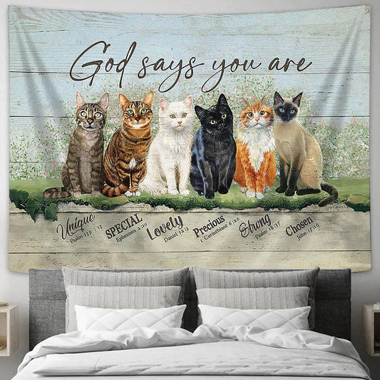 Cats God says you are Tapestry Wall Art - Bible Verse Tapestry - Religious Tapestry Wall Hanging