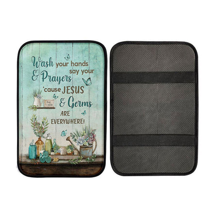 Cause Jesus And Germs Are Everywhere Bathroom Blue Butterfly Car Center Console Cover, Religious Car Armrest Accessories