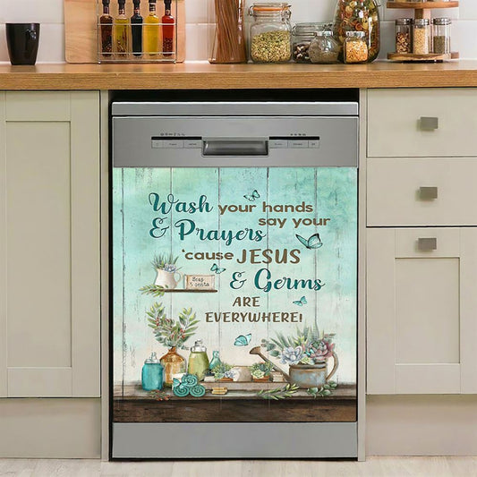 Cause Jesus And Germs Are Everywhere Bathroom Blue Butterfly Dishwasher Cover, Christian Dishwasher Magnet Cover