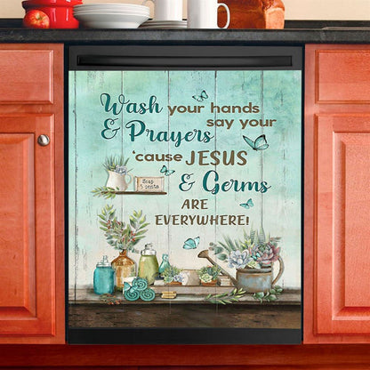 Cause Jesus And Germs Are Everywhere Bathroom Blue Butterfly Dishwasher Cover, Christian Dishwasher Magnet Cover