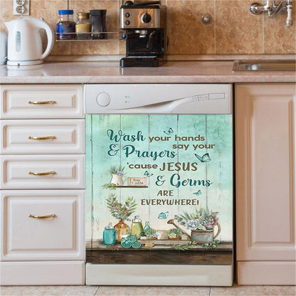 Cause Jesus And Germs Are Everywhere Bathroom Blue Butterfly Dishwasher Cover, Christian Dishwasher Magnet Cover