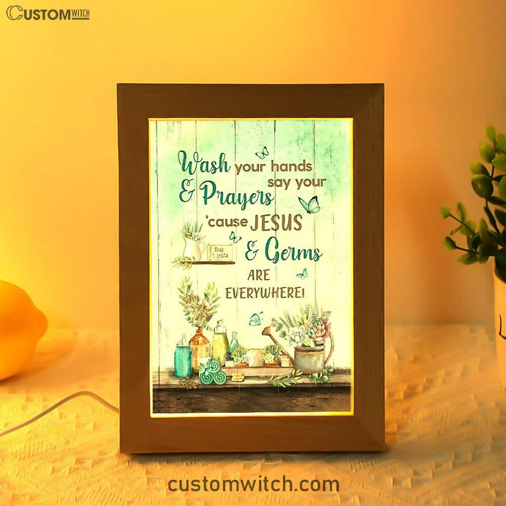 Cause Jesus And Germs Are Everywhere Bathroom Blue Butterfly Frame Lamp Art - Christian Night Light