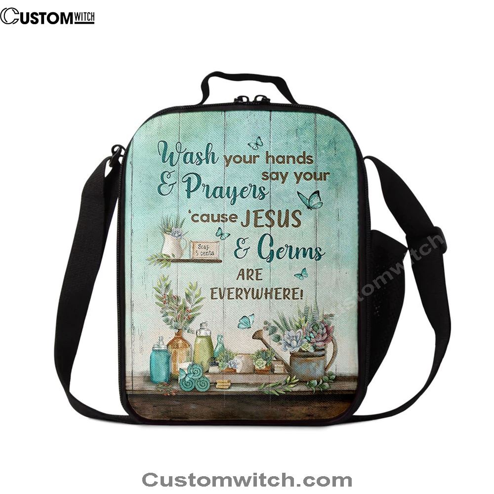 Cause Jesus And Germs Are Everywhere Bathroom Blue Butterfly Lunch Bag, Christian Lunch Bag For School, Picnic, Religious Lunch Bag