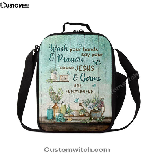 Cause Jesus And Germs Are Everywhere Bathroom Blue Butterfly Lunch Bag, Christian Lunch Bag For School, Picnic, Religious Lunch Bag