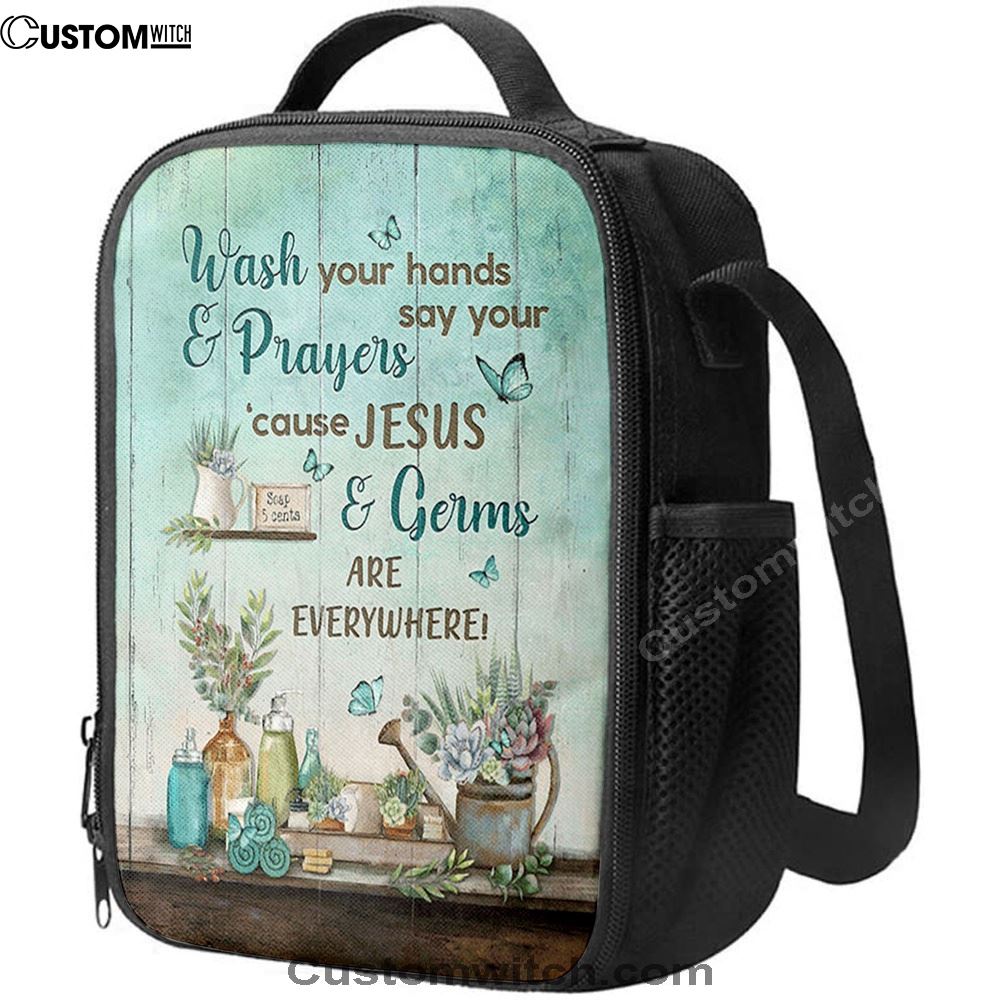 Cause Jesus And Germs Are Everywhere Bathroom Blue Butterfly Lunch Bag, Christian Lunch Bag For School, Picnic, Religious Lunch Bag