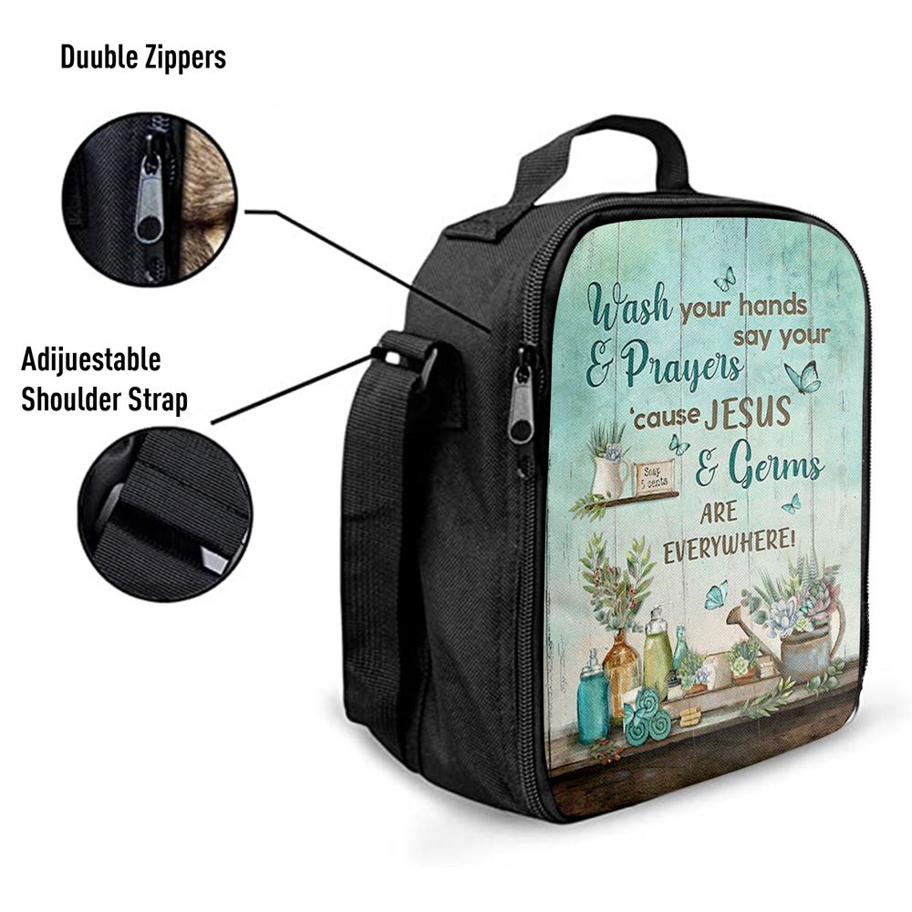 Cause Jesus And Germs Are Everywhere Bathroom Blue Butterfly Lunch Bag, Christian Lunch Bag For School, Picnic, Religious Lunch Bag