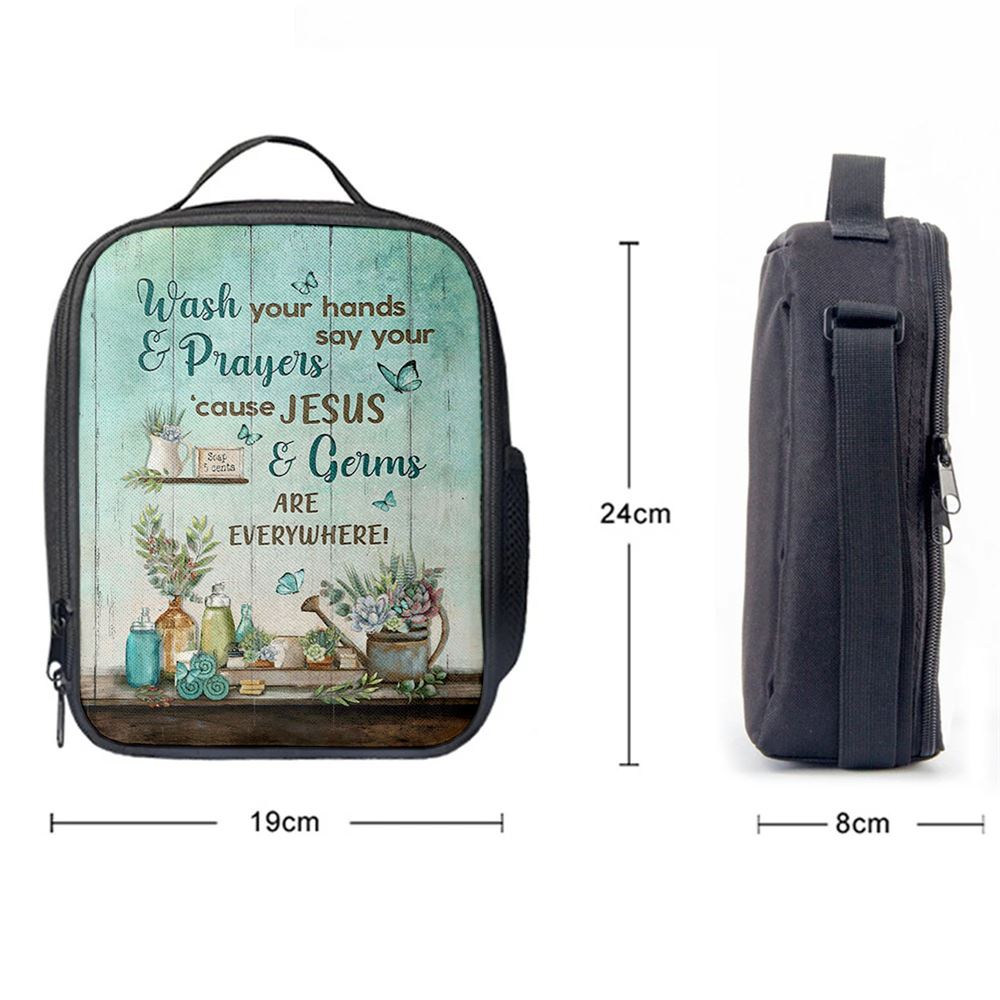 Cause Jesus And Germs Are Everywhere Bathroom Blue Butterfly Lunch Bag, Christian Lunch Bag For School, Picnic, Religious Lunch Bag