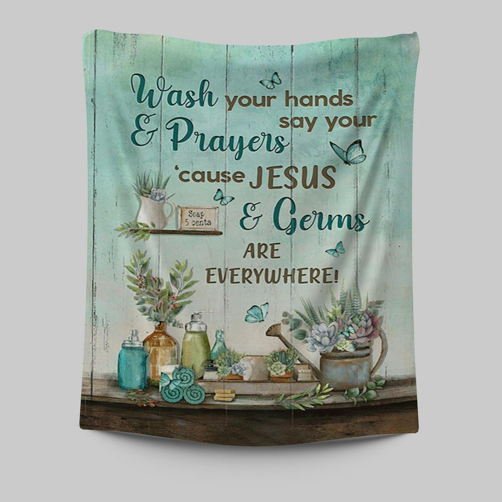 Cause Jesus And Germs Are Everywhere Bathroom Blue Butterfly Tapestry Wall Art - Christian Tapestries Prints
