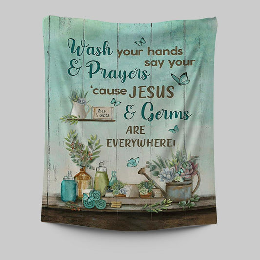Cause Jesus And Germs Are Everywhere Bathroom Blue Butterfly Tapestry Wall Art - Christian Tapestries Prints