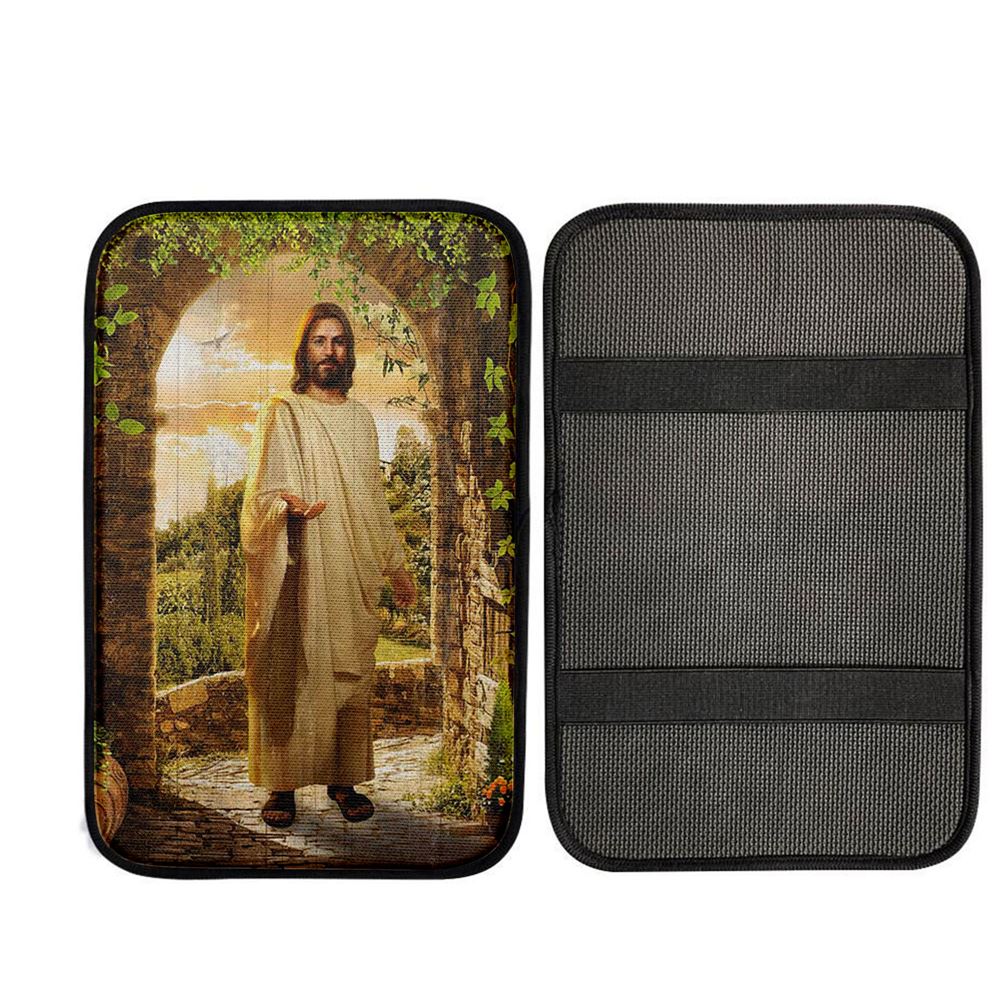 Cave Green Forest Walking With Jesus Car Center Console Cover, Religious Car Armrest Accessories