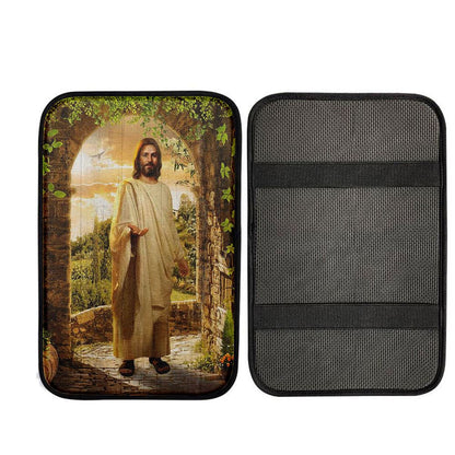 Cave Green Forest Walking With Jesus Car Center Console Cover, Religious Car Armrest Accessories