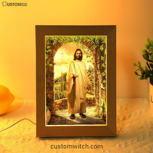 Cave Green Forest Walking With Jesus Frame Lamp Art - Christian Night Light - Bible Verse Wooden Lamp