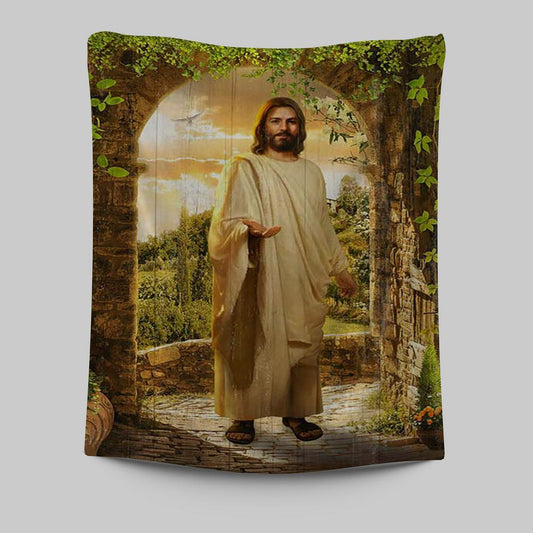 Cave Green Forest Walking With Jesus Tapestry Wall Art - Christian Tapestries Prints - Bible Verse Tapestry Art