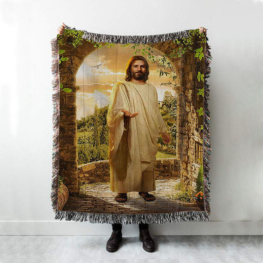 Cave Green Forest Walking With Jesus Woven Throw Blanket - Christian Woven Blanket Prints - Bible Verse Woven Blanket Art