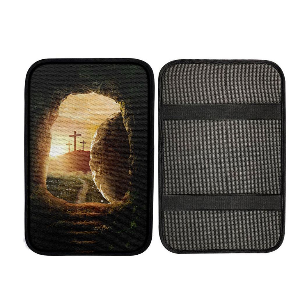 Cave Sunrise Three Crosses The Path To Paradise Car Center Console Cover, Religious Car Armrest Accessories