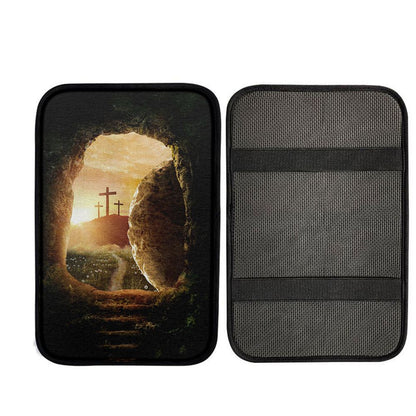 Cave Sunrise Three Crosses The Path To Paradise Car Center Console Cover, Religious Car Armrest Accessories