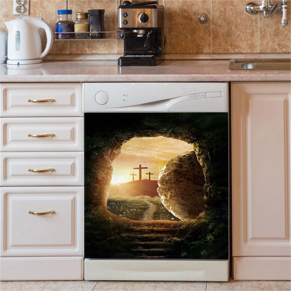 Cave Sunrise Three Crosses The Path To Paradise Dishwasher Cover, Christian Dishwasher Magnet Cover, Bible Verse Kitchen Decor