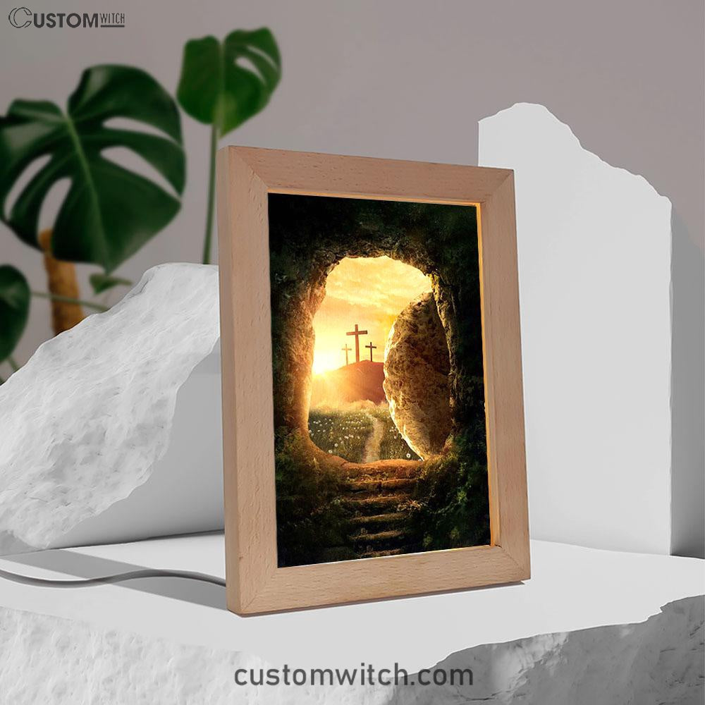 Cave Sunrise Three Crosses The Path To Paradise Frame Lamp Art - Christian Night Light - Bible Verse Wooden Lamp