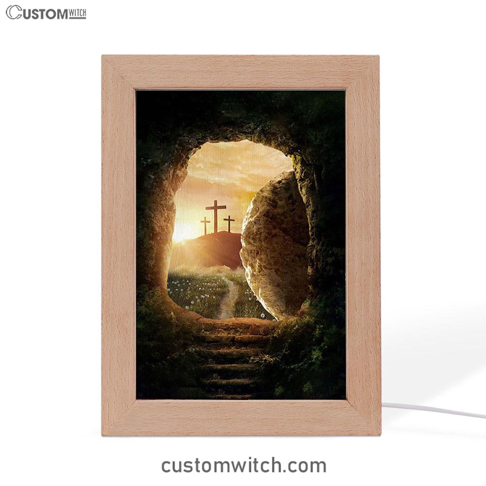 Cave Sunrise Three Crosses The Path To Paradise Frame Lamp Art - Christian Night Light - Bible Verse Wooden Lamp