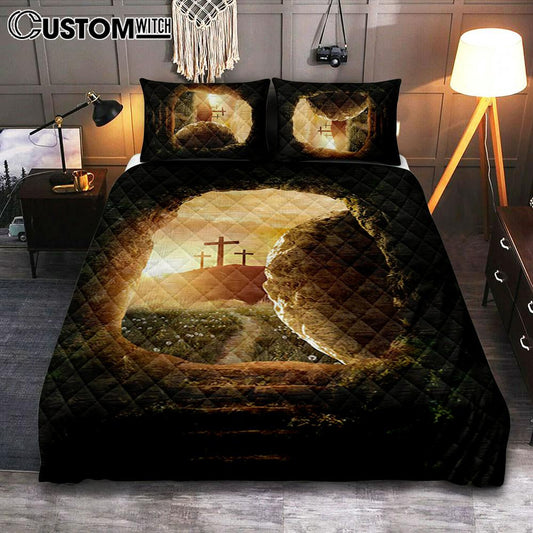 Cave Sunrise Three Crosses The Path To Paradise Quilt Bedding Set Bedroom - Christian Quilt Bedding Set Prints - Bible Verse Quilt Bedding Set Art