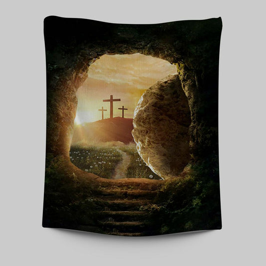 Cave Sunrise Three Crosses The Path To Paradise Tapestry Wall Art - Christian Tapestries Prints - Bible Verse Tapestry Art