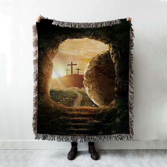 Cave Sunrise Three Crosses The Path To Paradise Woven Throw Blanket - Christian Woven Blanket Prints - Bible Verse Woven Blanket Art