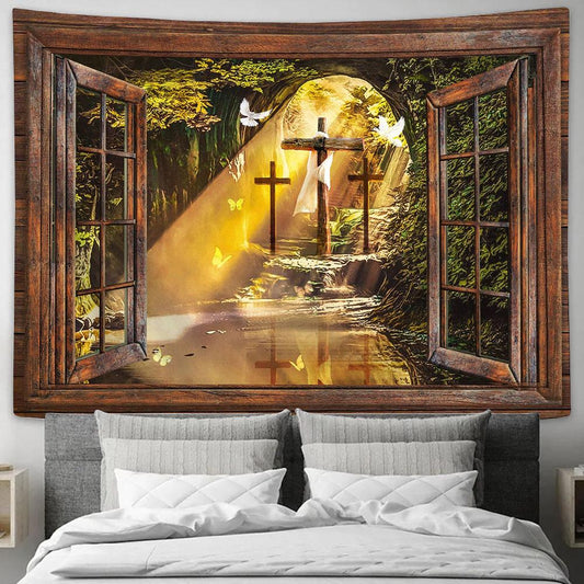 Cave Window Frame The Stunning Morning Sunlight Tapestry Wall Art - Bible Verse Tapestry - Religious Tapestry Wall Hanging