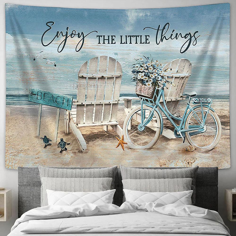 Chair Blue Bicycle Enjoy The Little Things Tapestry Wall Art - Bible Verse Tapestry - Religious Tapestry Wall Hanging