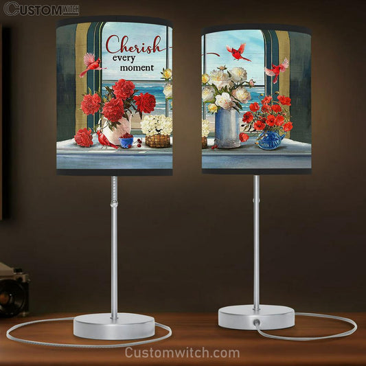 Cherish Every Moment Cardinals Red And White Flower Vase Beach View Large Table Lamb - Christian Lamb Gift - Bible Verse Table Lamb Art