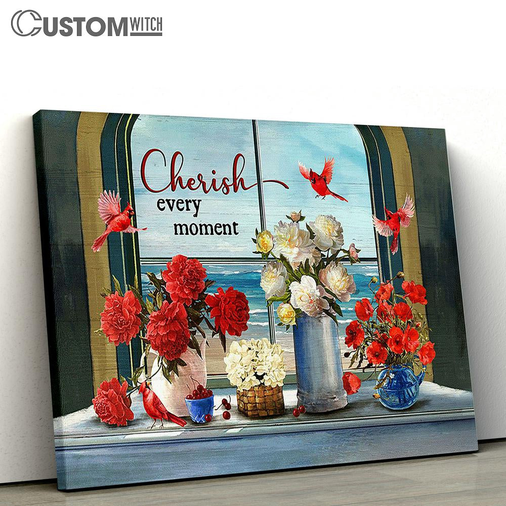 Cherish Every Moment Cardinals Red And White Flower Vase Beach View Large Canvas - Christian Wall Art - Bible Verse Canvas Art