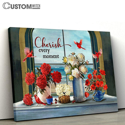 Cherish Every Moment Cardinals Red And White Flower Vase Beach View Large Canvas - Christian Wall Art - Bible Verse Canvas Art