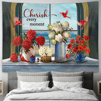 Cherish Every Moment Cardinals Red And White Flower Vase Beach View Large Tapestry - Christian Wall Art - Bible Verse Tapestry Art