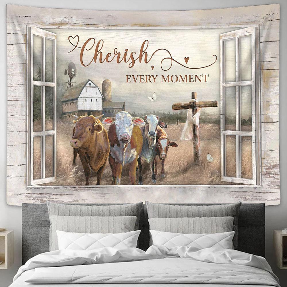 Cherish Every Moment Cows On Field Tapestry Prints - Religious Tapestry Art - Christian Home Decor