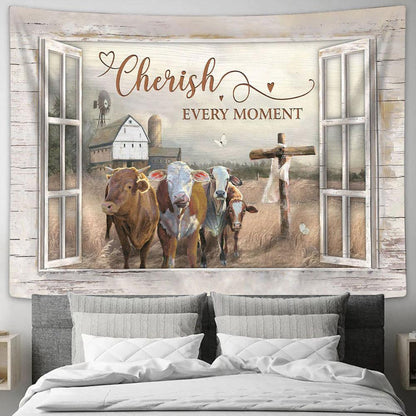 Cherish Every Moment Cows On Field Tapestry Prints - Religious Tapestry Art - Christian Home Decor