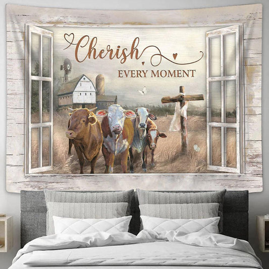Cherish Every Moment Cows On Field Tapestry Prints - Religious Tapestry Art - Christian Home Decor