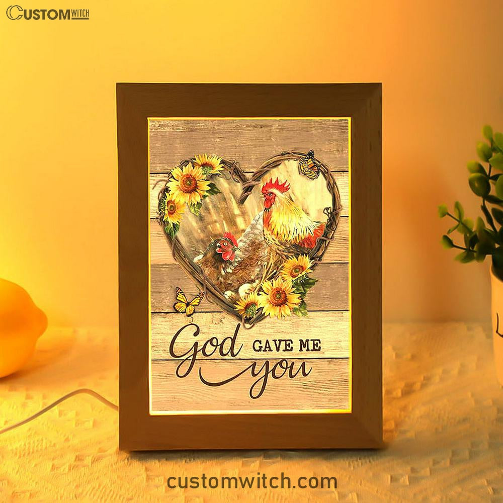 Chicken Heart Shape Sunflower Garden - God Gave Me You Frame Lamp Art - Christian Night Light - Bible Verse Wooden Lamp