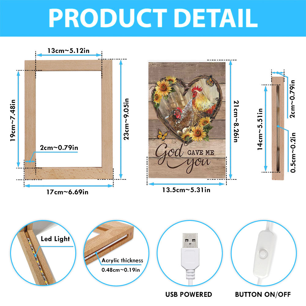 Chicken Heart Shape Sunflower Garden - God Gave Me You Frame Lamp Art - Christian Night Light - Bible Verse Wooden Lamp