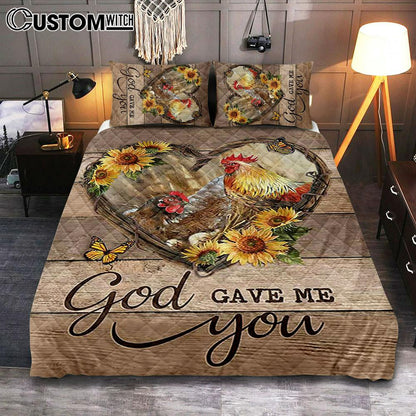 Chicken Heart Shape Sunflower Garden - God Gave Me You Quilt Bedding Set Bedroom - Christian Quilt Bedding Set Prints - Bible Verse Quilt Bedding Set Art