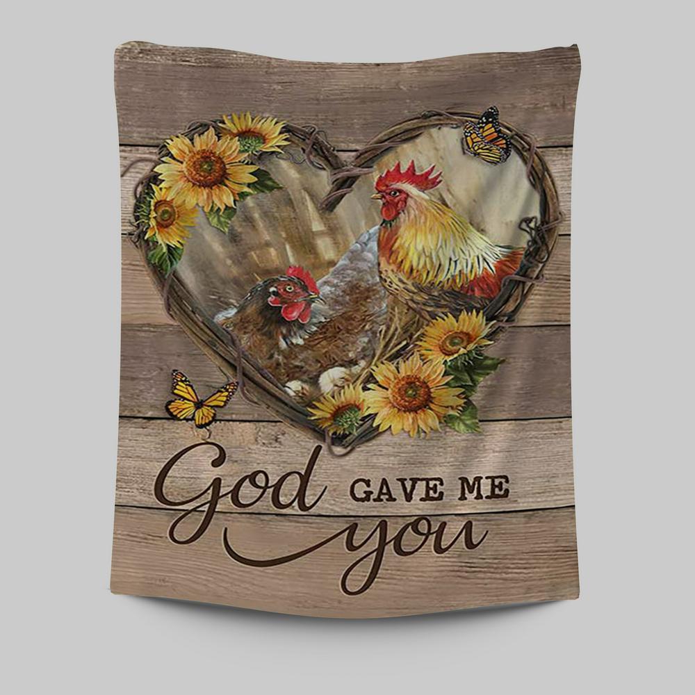 Chicken Heart Shape Sunflower Garden - God Gave Me You Tapestry Wall Art - Christian Tapestries Prints - Bible Verse Tapestry Art