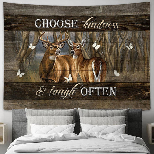 Choose kindness and laugh often Deer White butterfly Tapestry Wall Art - Bible Verse Tapestry - Religious Tapestry Wall Hanging