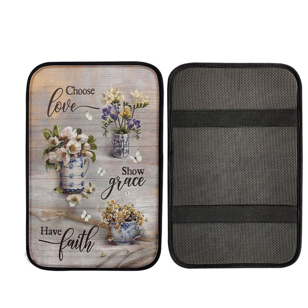 Chose Love Show Grace Have Faith Vintage Flower Car Center Console Cover, Religious Car Armrest Accessories