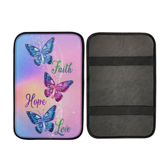 Christian - Faith Hope Love Butterfly Art Car Center Console Cover, Cross Car Interior Accessories