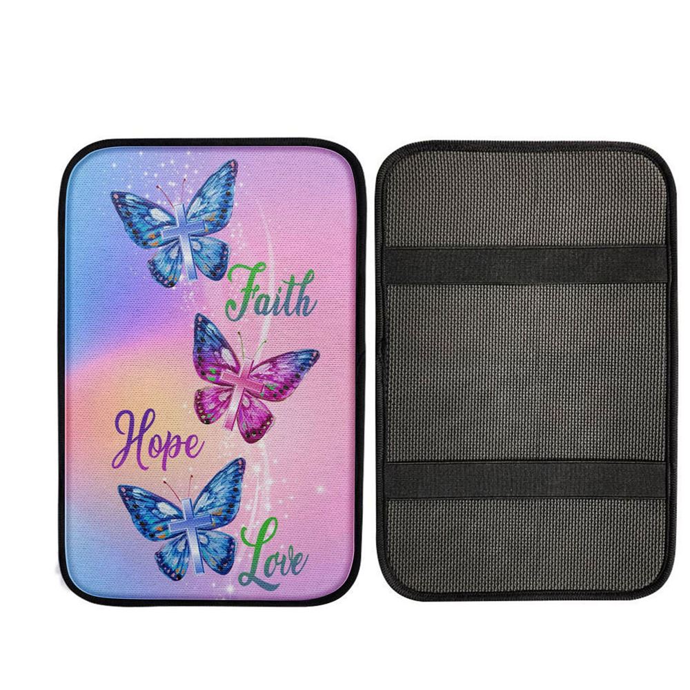 Christian - Faith Hope Love Butterfly Art Car Center Console Cover, Religious Car Armrest Accessories