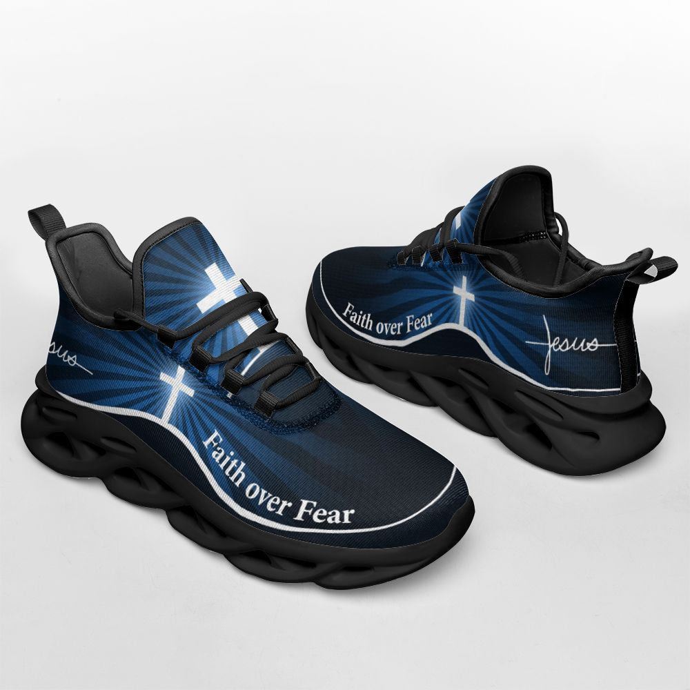Christian Best Running Shoes, Jesus Faith Over Fear Running Sneakers Blue Max Soul Shoes For Men And Women, Jesus Fashion Shoes