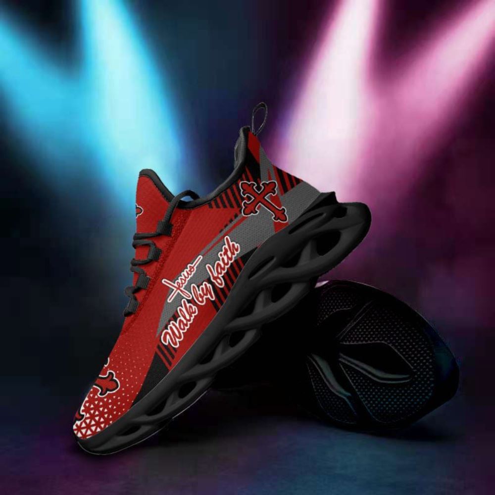 Christian Best Running Shoes, Jesus Walk By Faith Red Running Christ Sneakers Max Soul Shoes For Men And Women, Jesus Fashion Shoes