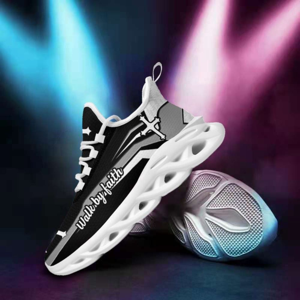 Christian Best Running Shoes, Jesus Walk By Faith Running Sneakers Black And White Soles Max Soul Shoes For Men And Women, Jesus Fashion Shoes