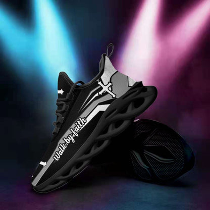 Christian Best Running Shoes, Jesus Walk By Faith Running Sneakers Black And White Soles Max Soul Shoes For Men And Women, Jesus Fashion Shoes