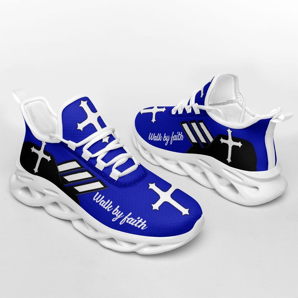 Christian Best Running Shoes, Jesus Walk By Faith Running Sneakers Blue Art Max Soul Shoes For Men And Women, Jesus Fashion Shoes